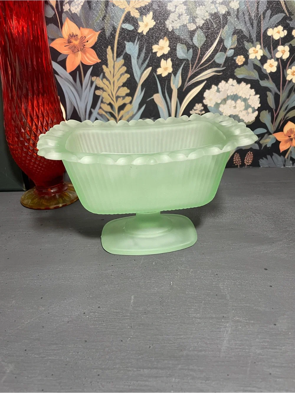Frosted Sea Green Pedestal Compote Candy Dish MCM Vintage